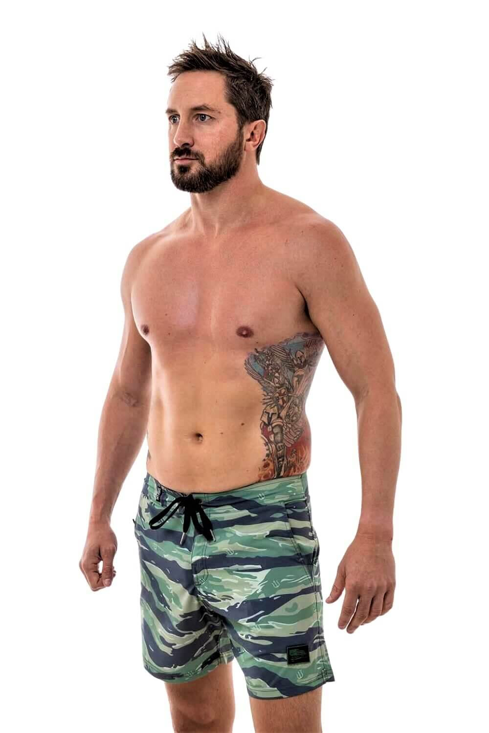 Tiger Stripe Camo Board Shorts, 4-Way Stretch Swimwear - Sunga Life