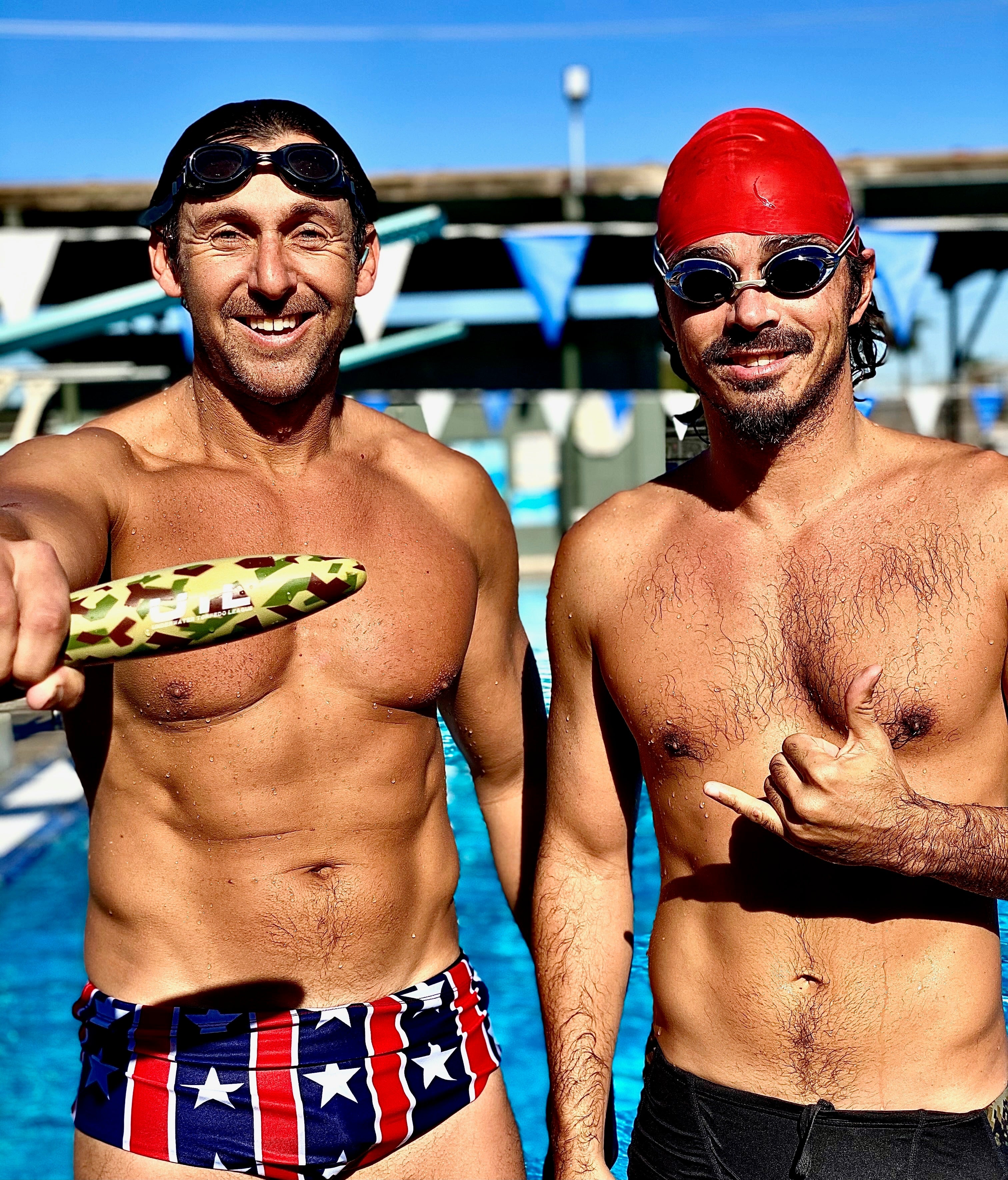 Mens red white store and blue speedo